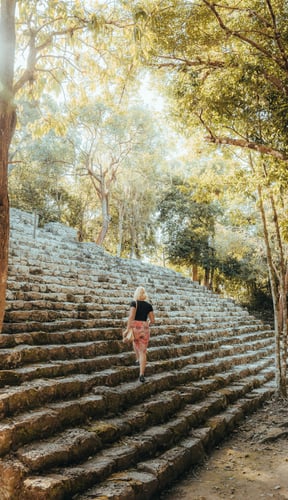 Person climbing sunlit Mayan ruins steps through jungle trees