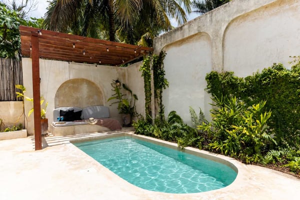 Villa Cayetana pool with pergola and string lights